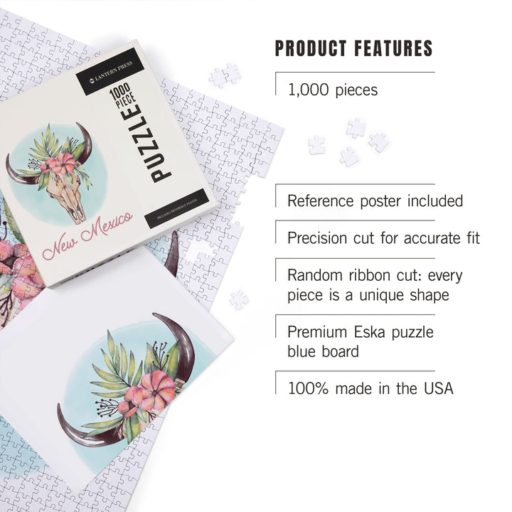 New Mexico, Watercolor, Cow Skull and Flower Crown, 1000 Piece Jigsaw Puzzle