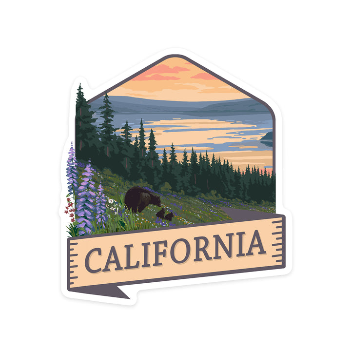 California, Bears & Spring Flowers, Contour, Lantern Press Artwork, Vinyl Sticker