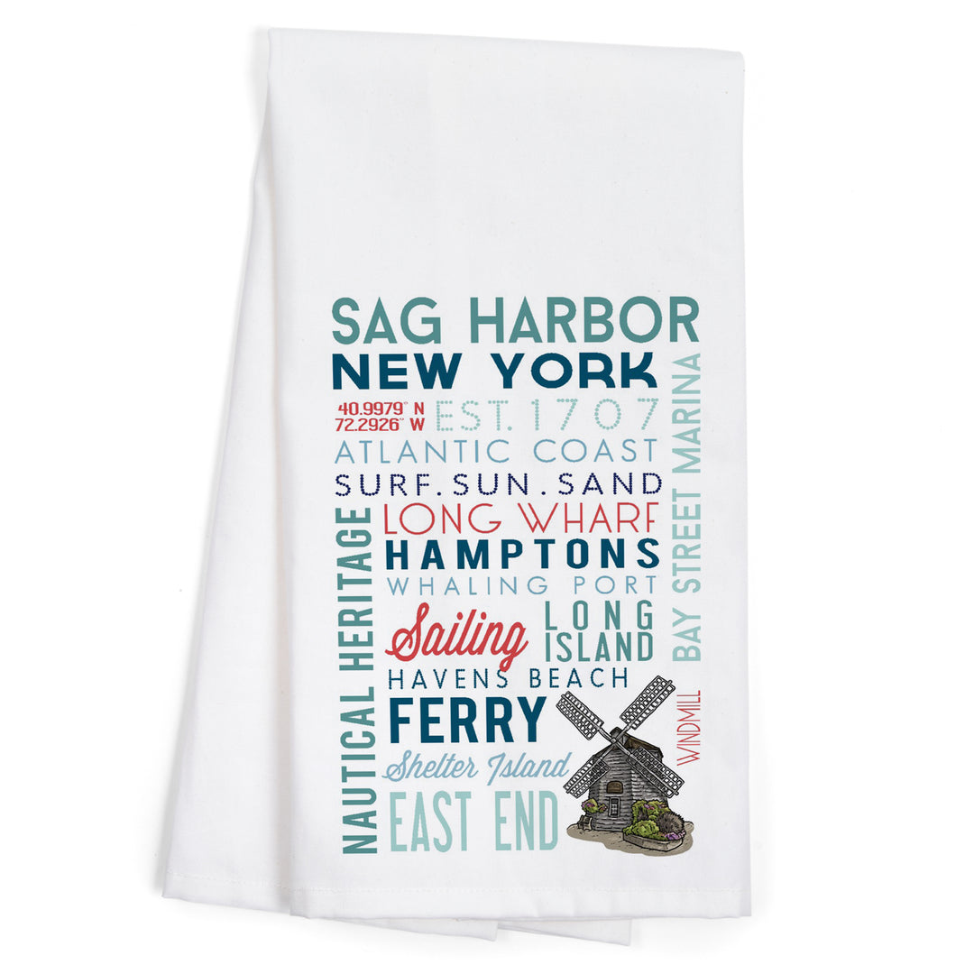 Sag Harbor, New York, Typography, Organic Cotton Kitchen Tea Towels