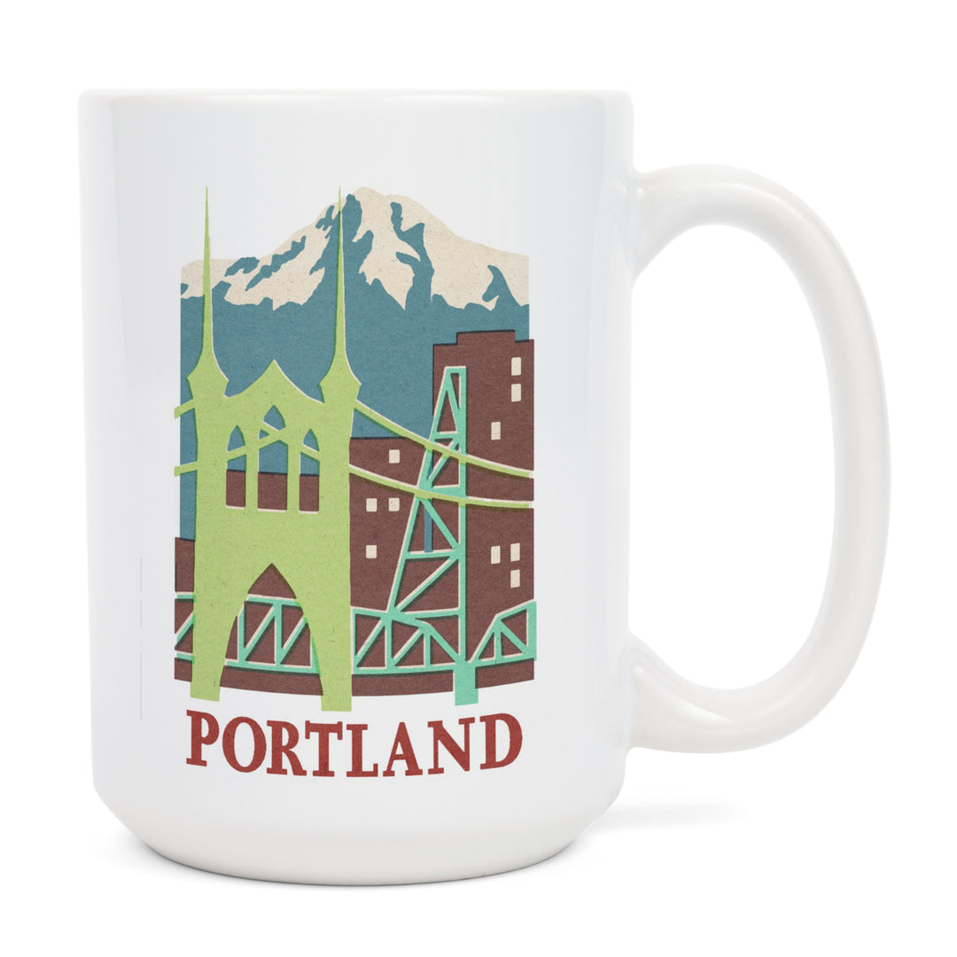 Portland, Oregon, Woodblock, Contour, Lantern Press Artwork, Ceramic Mug