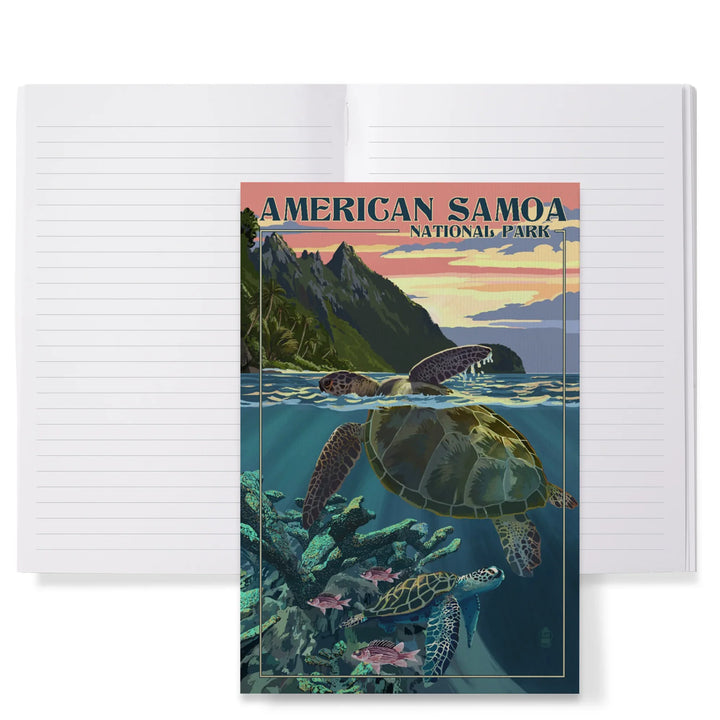 Lined 6x9 Journal, American Samoa National Park, American Samoa, Sea Turtles and Sunset, Painterly Series, Lay Flat, 193 Pages, FSC paper