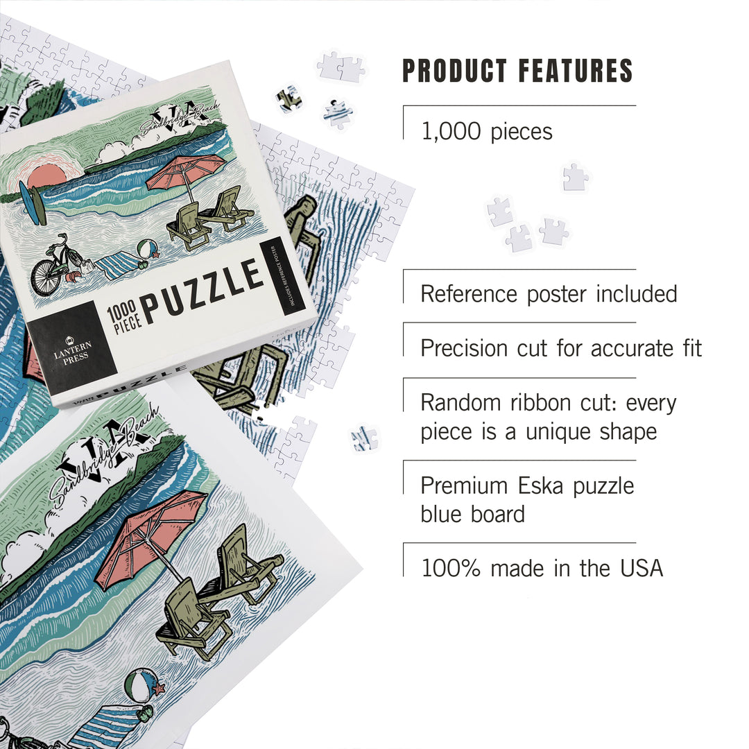 Norfolk, Virginia, Beach Scene Sketch, 1000 Piece Jigsaw Puzzle