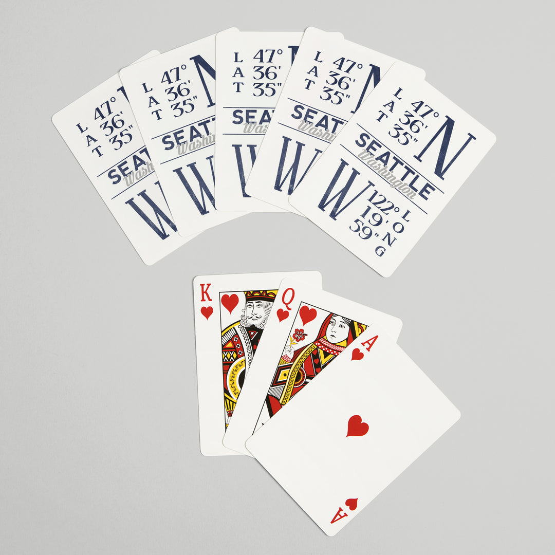 Playing Cards, Seattle, Washington, Latitude and Longitude (Blue), 52 Card Deck with Jokers in Box, Unique Art
