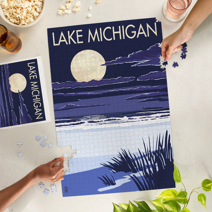Lake Michigan, Full Moon Night Scene, Jigsaw Puzzle