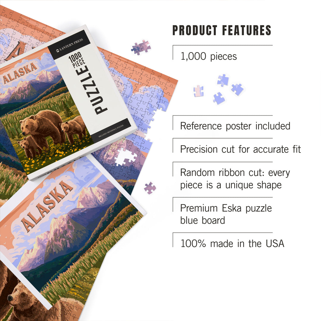 Alaska, Painterly, Bear Family, 1000 Piece Jigsaw Puzzle