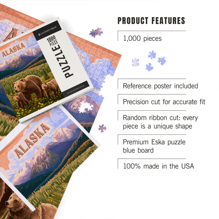 Alaska, Painterly, Bear Family, 1000 Piece Jigsaw Puzzle