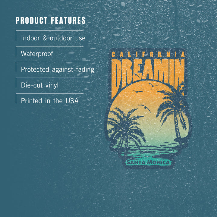 Santa Monica, California, California Dreamin', Sunset & Palm Trees, Contour, Lantern Press, Vinyl Sticker