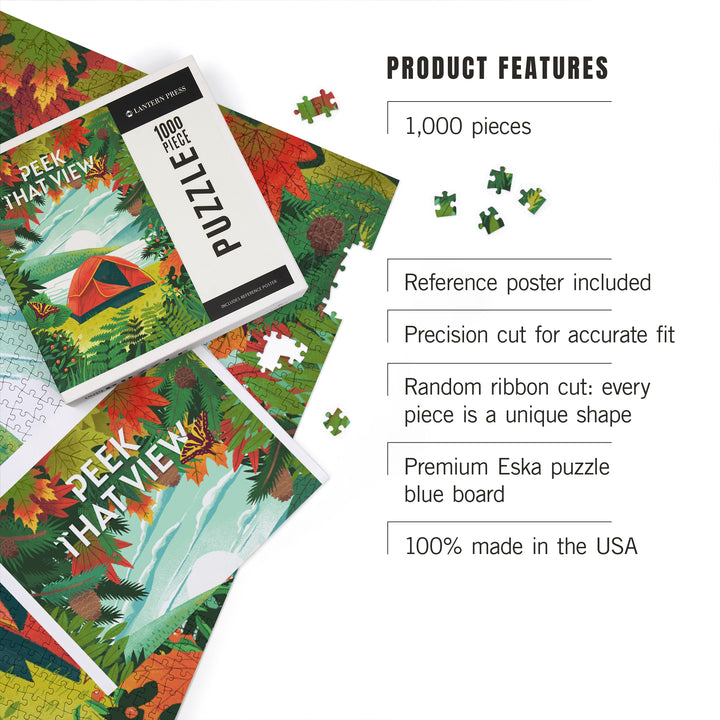 Peek That View, Tent Camping, Fall Colors, 1000 Piece Jigsaw Puzzle