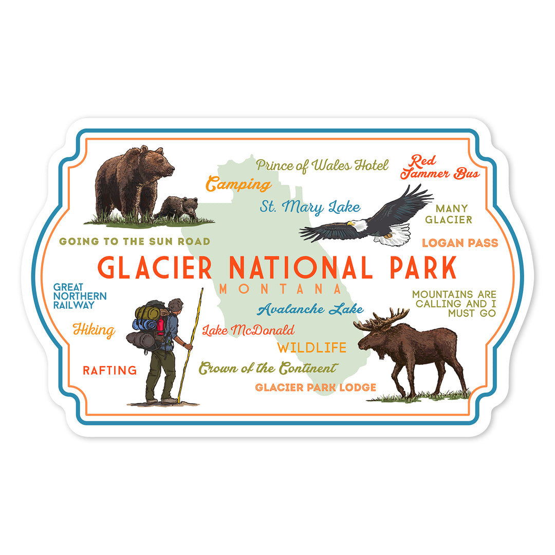 Glacier National Park, Montana, Typography & Icons, Contour, Lantern Press Artwork, Vinyl Sticker