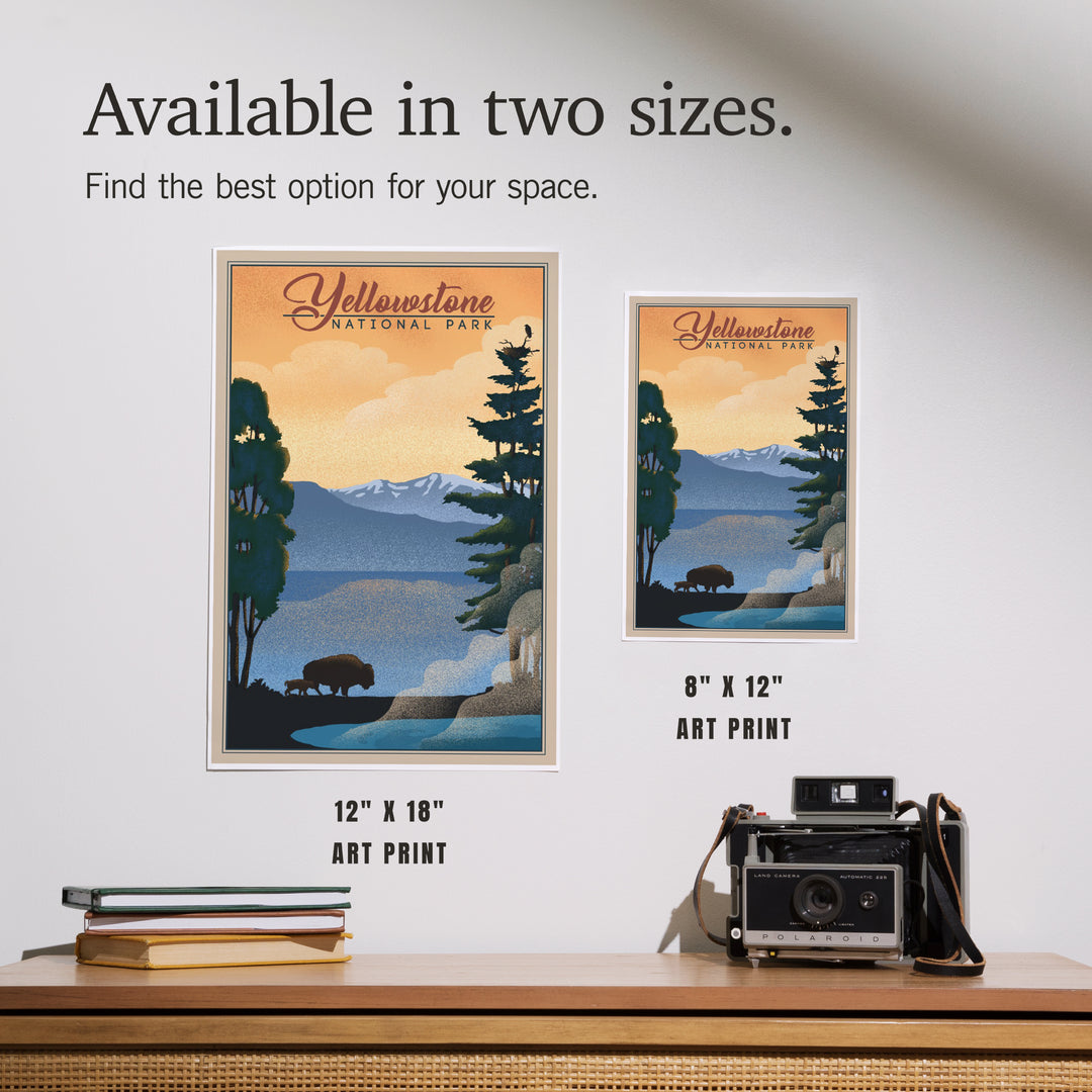 Yellowstone National Park, Bison and Lake, Lithograph National Park Series, Art & Giclee Prints