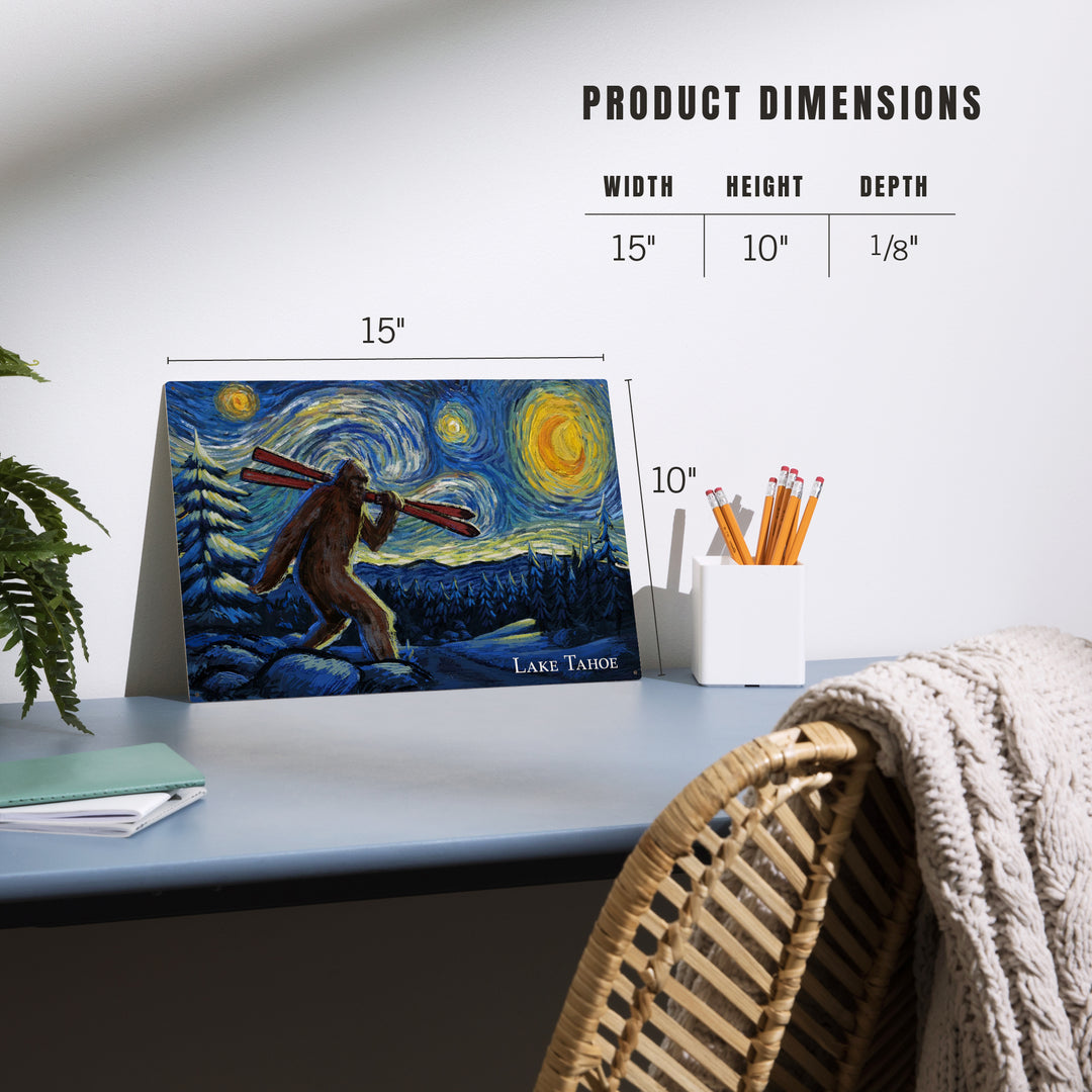 Lake Tahoe, California, Starry Night, Winter Bigfoot with Skis, Wood Signs and Postcards