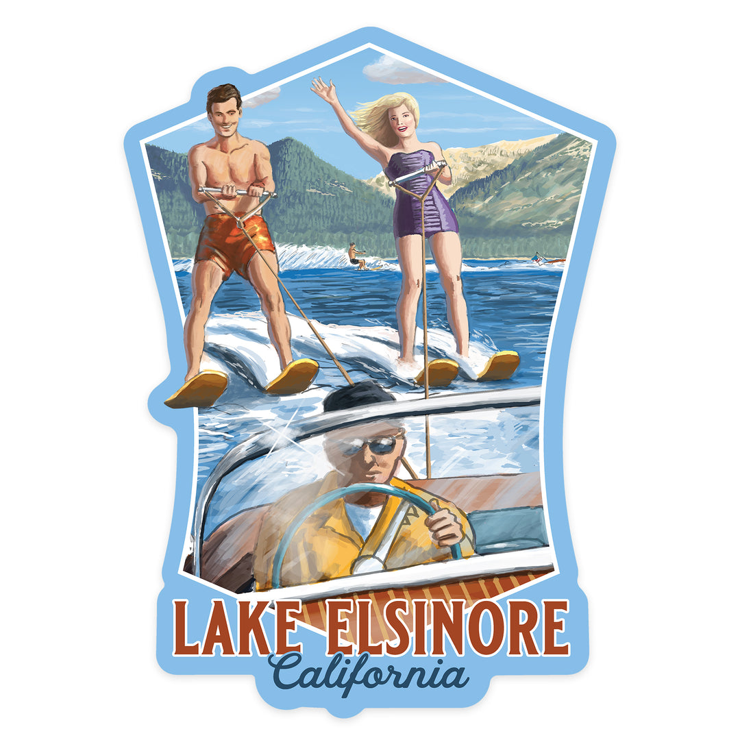 Lake Elsinore, California, Water Skiing Scene, Contour, Lantern Press Artwork, Vinyl Sticker
