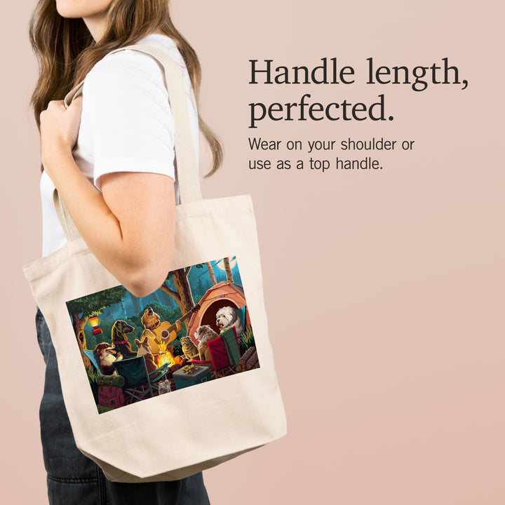 Painterly, Pack Life, Dogs Around Campfire, Tote Bag