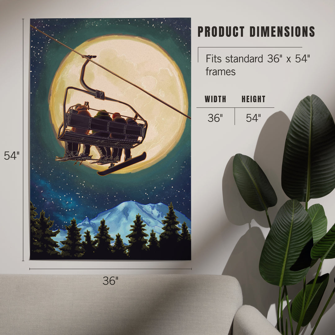 Ski Lift and Full Moon with Snowboarder, Art & Giclee Prints