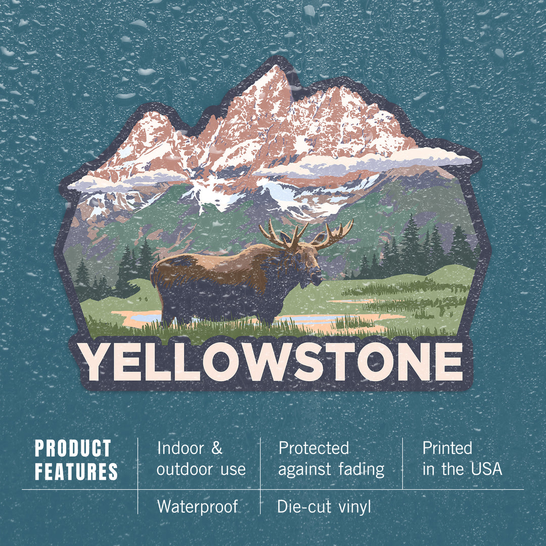 Yellowstone National Park, Wyoming, Moose & Mountains, Contour, Lantern Press Artwork, Vinyl Sticker