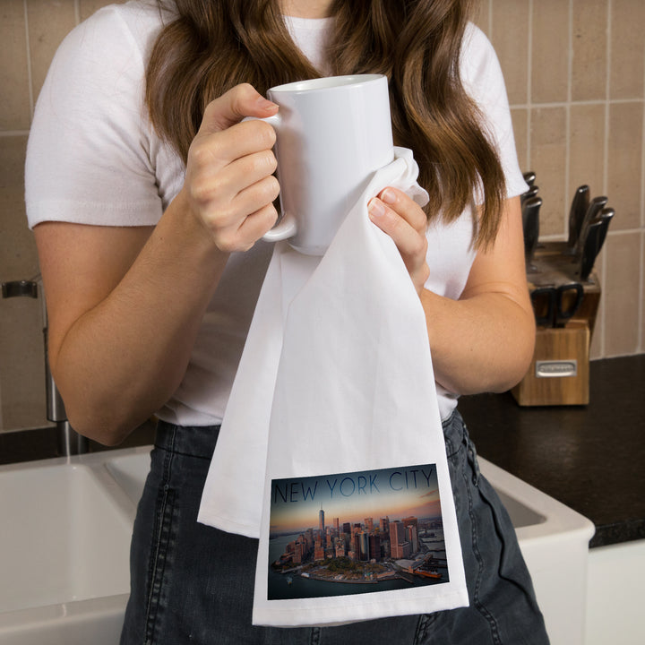 New York City, New York, Aerial Skyline, Organic Cotton Kitchen Tea Towels