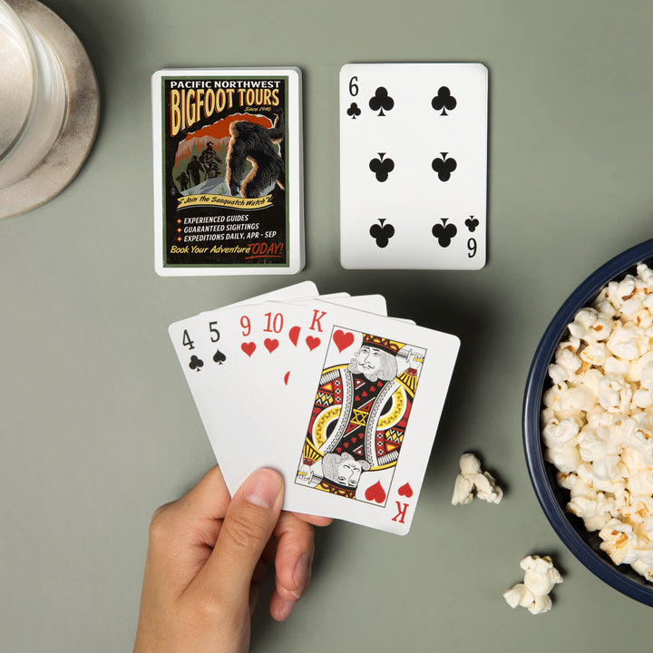 Playing Cards, Pacific Northwest, Bigfoot Tours, Vintage Sign, 52 Card Deck with Jokers in Box, Unique Art