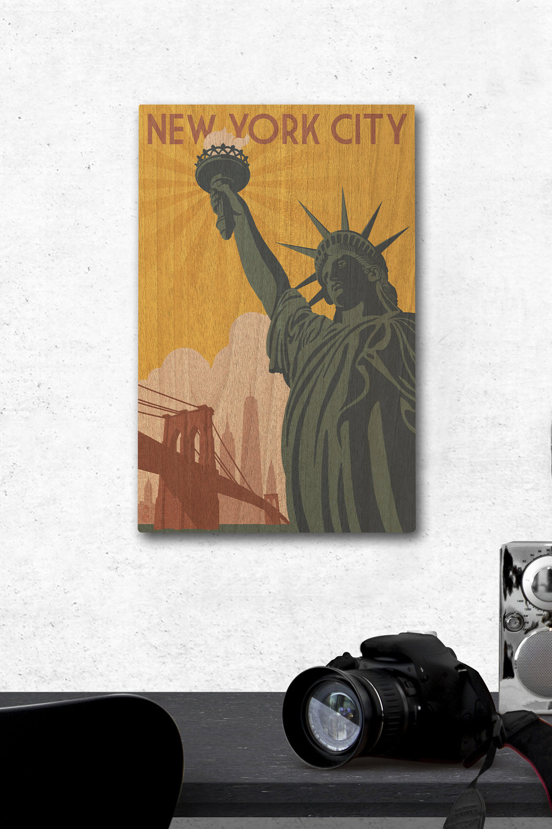 New York, Statue of Liberty & Bridge, Lantern Press Artwork, Wood Signs and Postcards