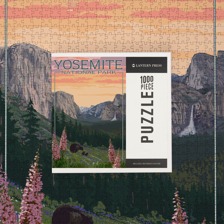 Yosemite National Park, California, Bear and Cubs with Flowers, Jigsaw Puzzle