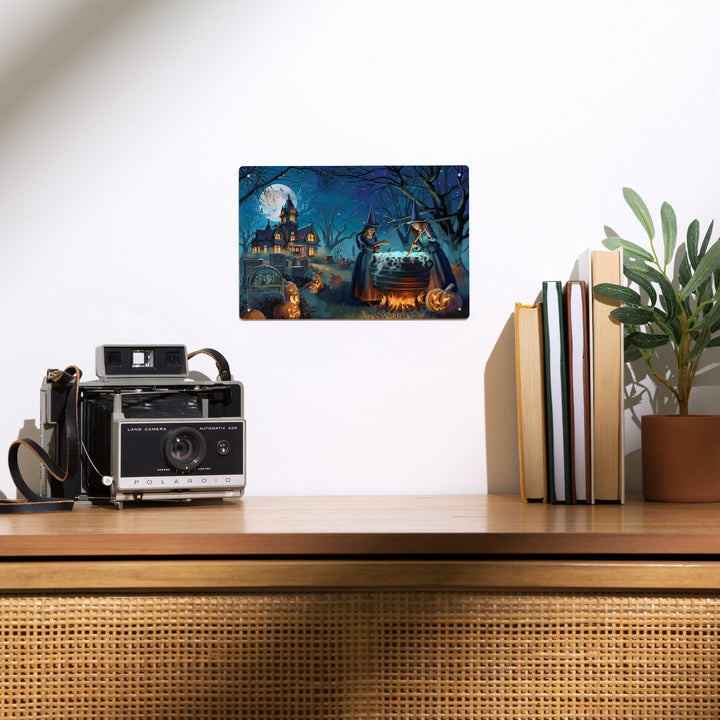 Oil Painting, Cemetery Witch's Brew, 12x18 Metal Sign