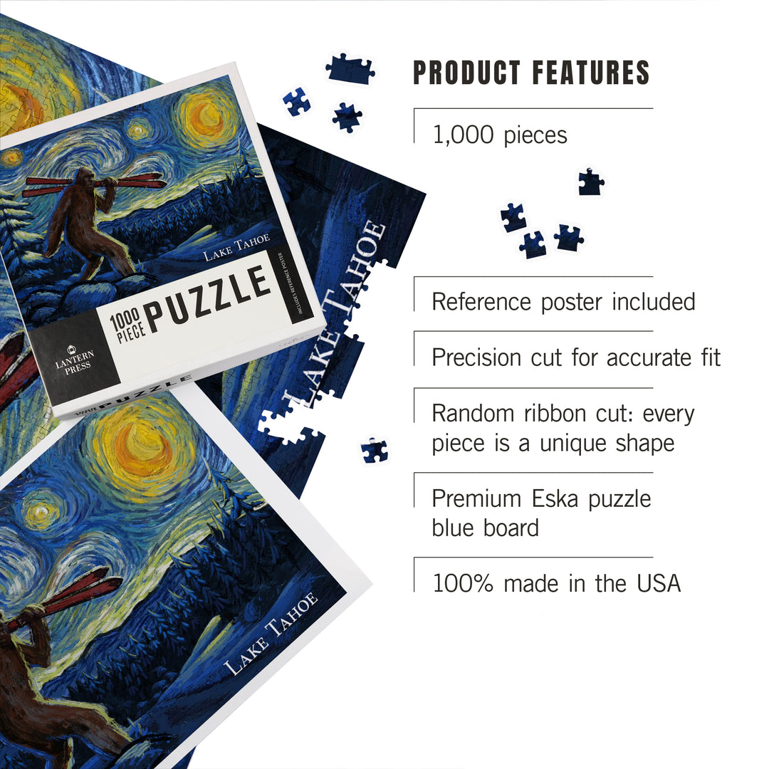 Lake Tahoe, California, Starry Night, Winter Bigfoot with Skis, 1000 Piece Jigsaw Puzzle