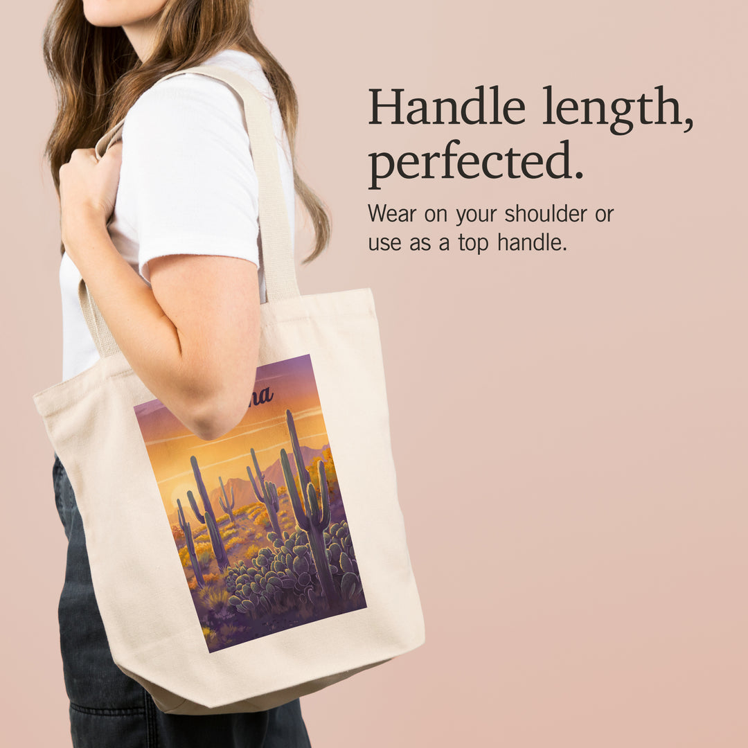 Arizona, Oil Painting, Cactus and Golden Sunset, Tote Bag