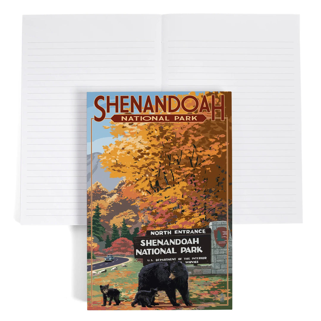 Lined 6x9 Journal, Shenandoah National Park, Virginia, Black Bear and Cubs at Entrance, Lay Flat, 193 Pages, FSC paper