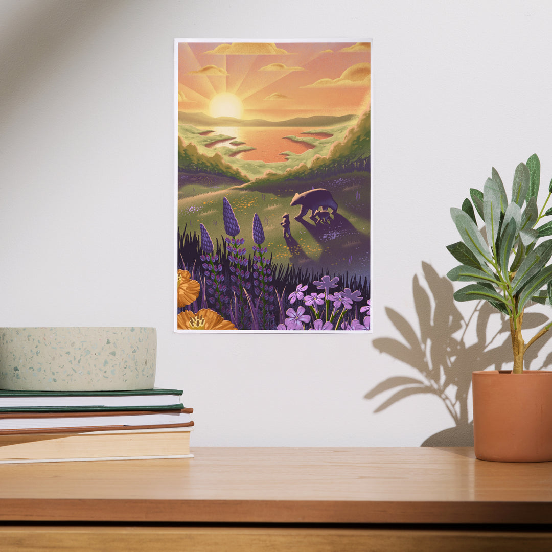 Lithograph, Bear and Spring Flowers, Lake,, Art & Giclee Prints