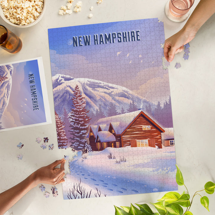 New Hampshire, Lithograph, Mountain Lodge, Winter Scene, 1000 Piece Jigsaw Puzzle