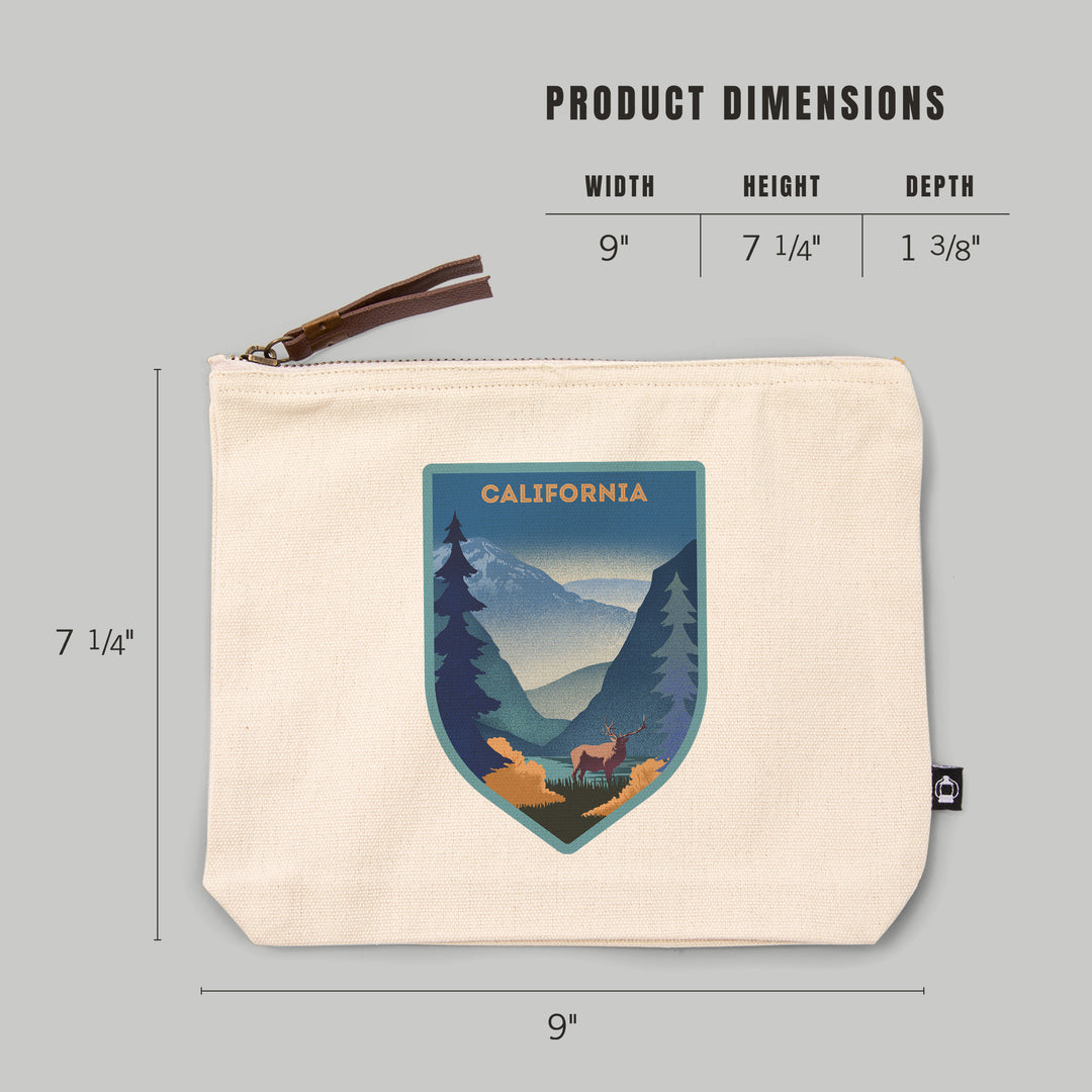 California, Lithograph, Elk and Mountains Scene,, Organic Cotton Zipper Pouch, Go Bag