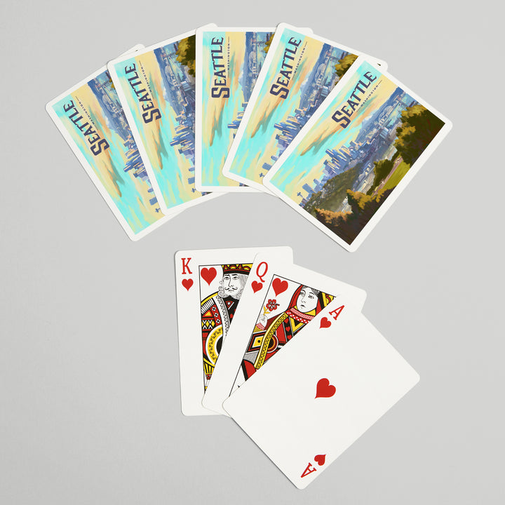 Playing Cards, Seattle, Washington, Skyline, Oil Painting, 52 Card Deck with Jokers in Box, Unique Art