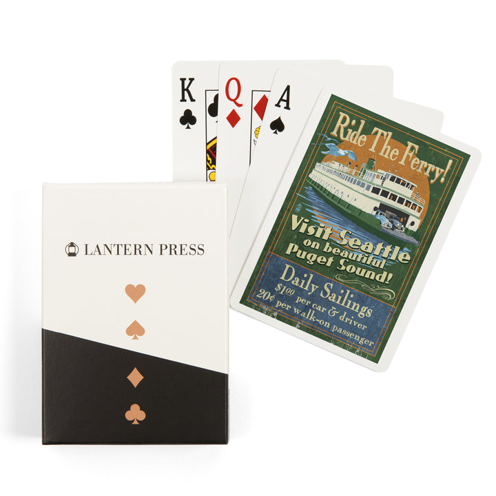 Playing Cards, Seattle, Washington, Ferry Vintage Sign, 52 Card Deck with Jokers in Box, Unique Art