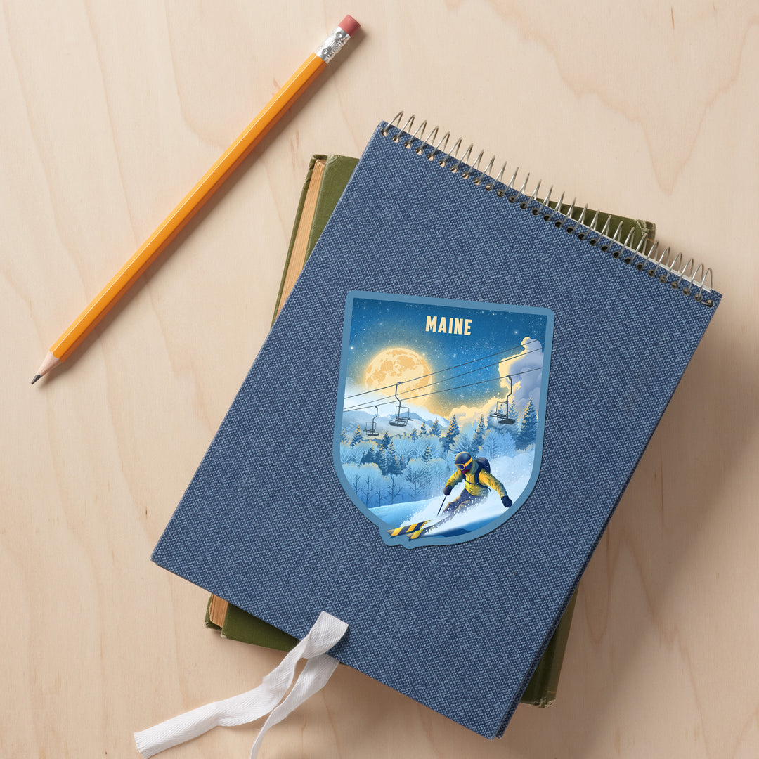 Maine, Lithograph, Night Ski, Vinyl Sticker