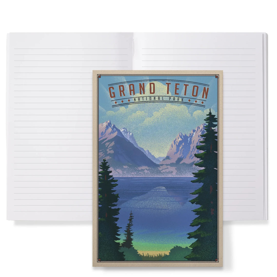 Lined 6x9 Journal, Grand Teton National Park, Wyoming, Lithograph National Park Series, Lay Flat, 193 Pages, FSC paper