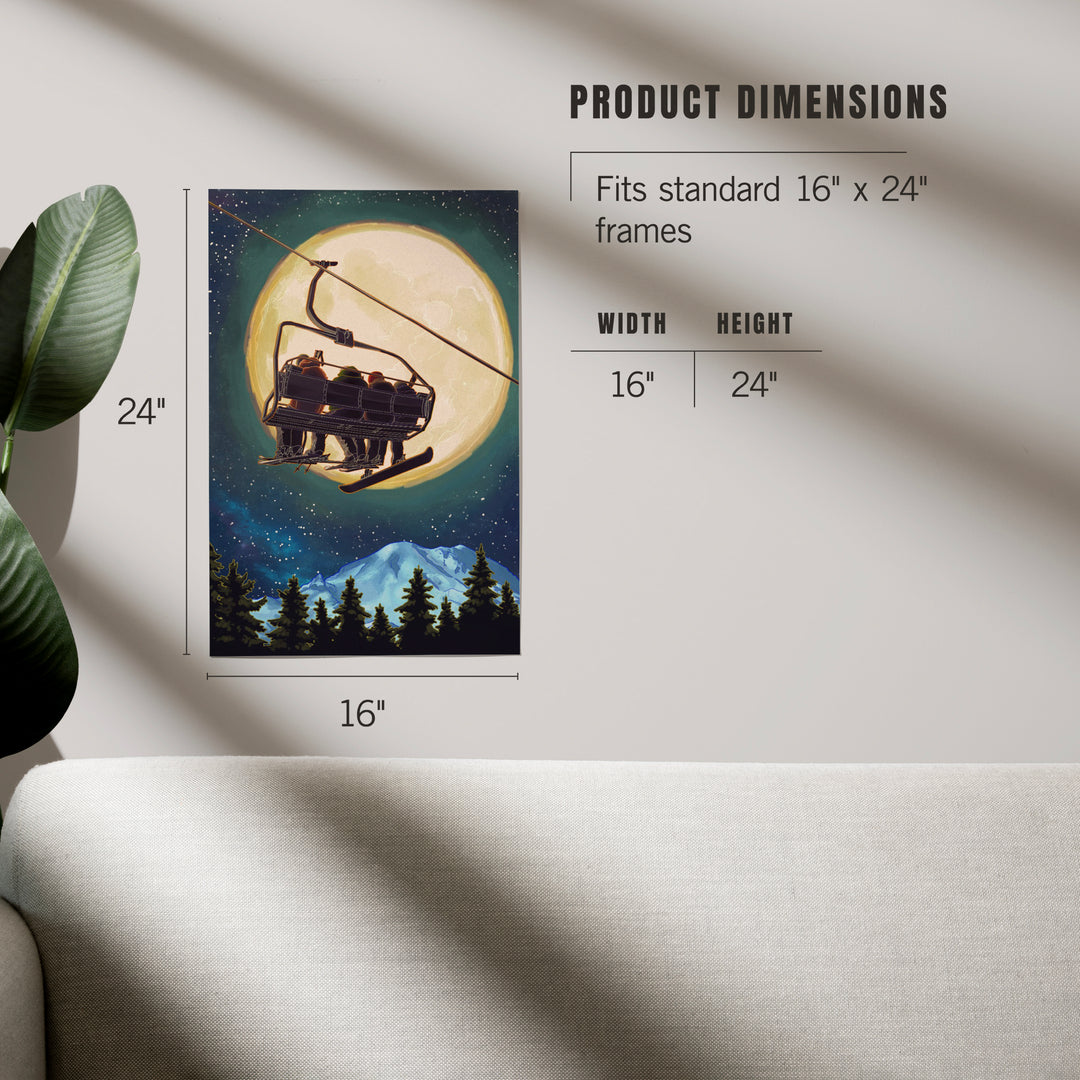 Ski Lift and Full Moon with Snowboarder, Art & Giclee Prints