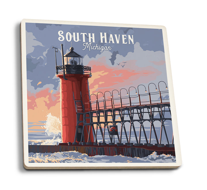 South Haven, Michigan, Lighthouse, Painterly, Coaster Set
