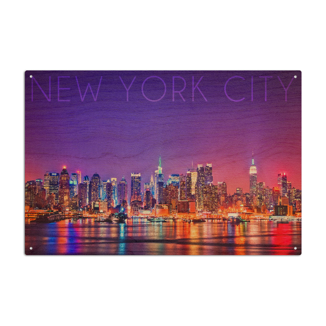 New York City, New York, Colorful Skyline Lights, Lantern Press Photography, Wood Signs and Postcards