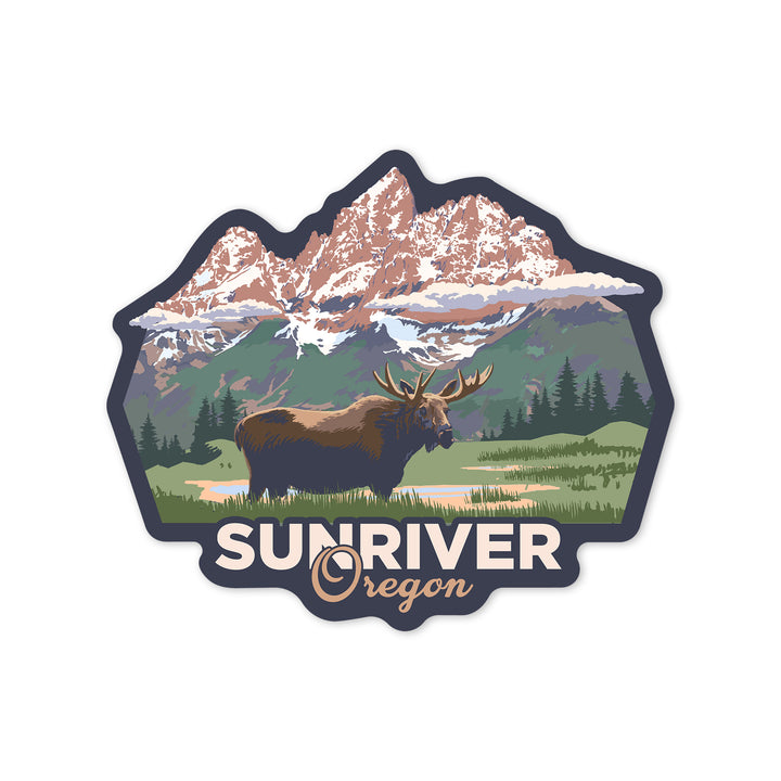 Sunriver, Oregon, Moose & Mountains, Contour, Lantern Press Artwork, Vinyl Sticker