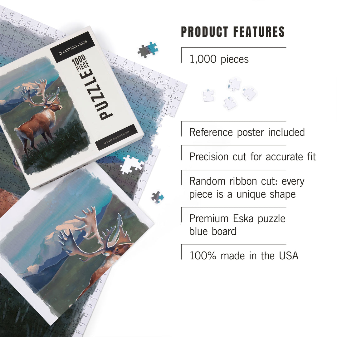 Watercolor Study, Caribou with Mountain, 1000 Piece Jigsaw Puzzle