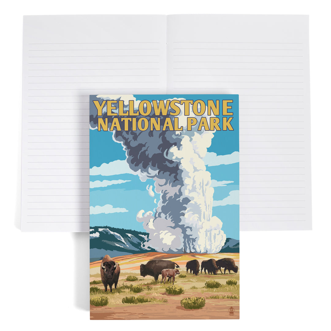 Lined 6x9 Journal, Yellowstone National Park, Wyoming, Old Faithful Geyser and Bison Herd, Lay Flat, 193 Pages, FSC paper