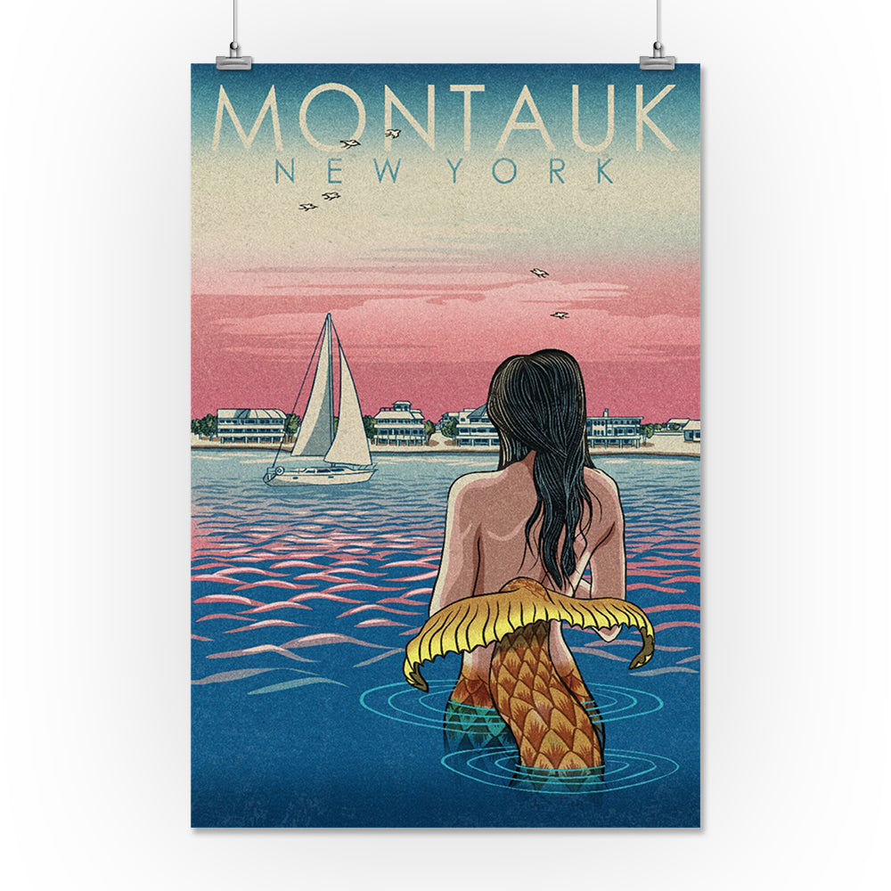 Montauk, New York, Mermaid and Beach, Woodblock Print, Art & Giclee Prints