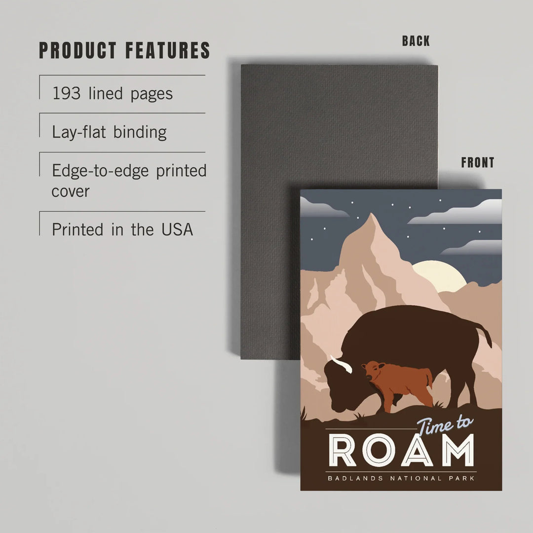 Lined 6x9 Journal, Badlands National Park, South Dakota, Time To Roam, Bison and Calf, Night Scene, Lay Flat, 193 Pages, FSC paper