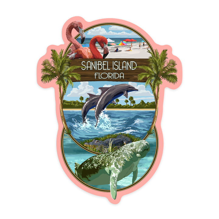 Sanibel Island, Florida, Montage, Contour, Vinyl Sticker