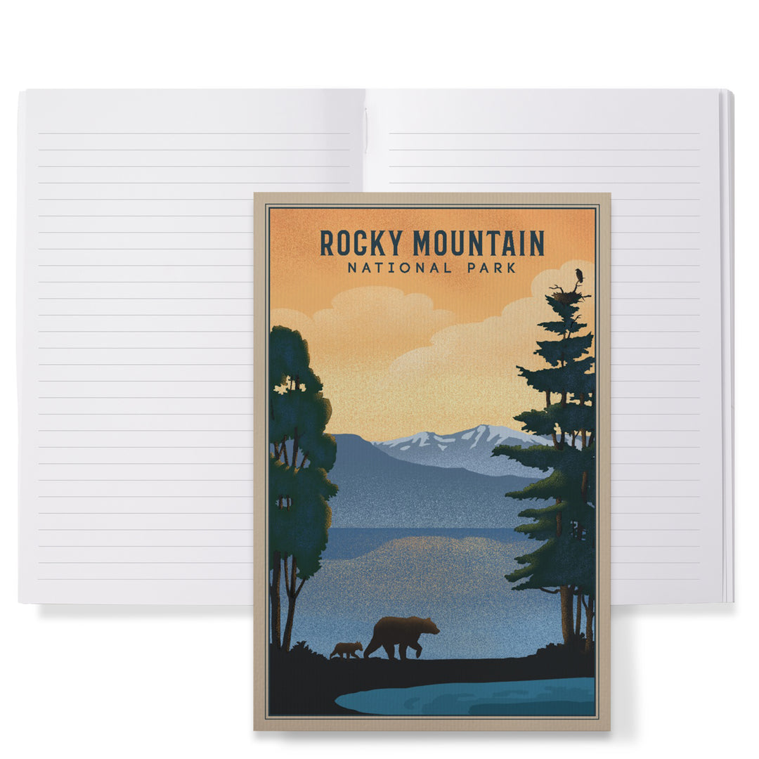 Lined 6x9 Journal, Rocky Mountain National Park, Black Bear and Lake, Lithograph, Lay Flat, 193 Pages, FSC paper