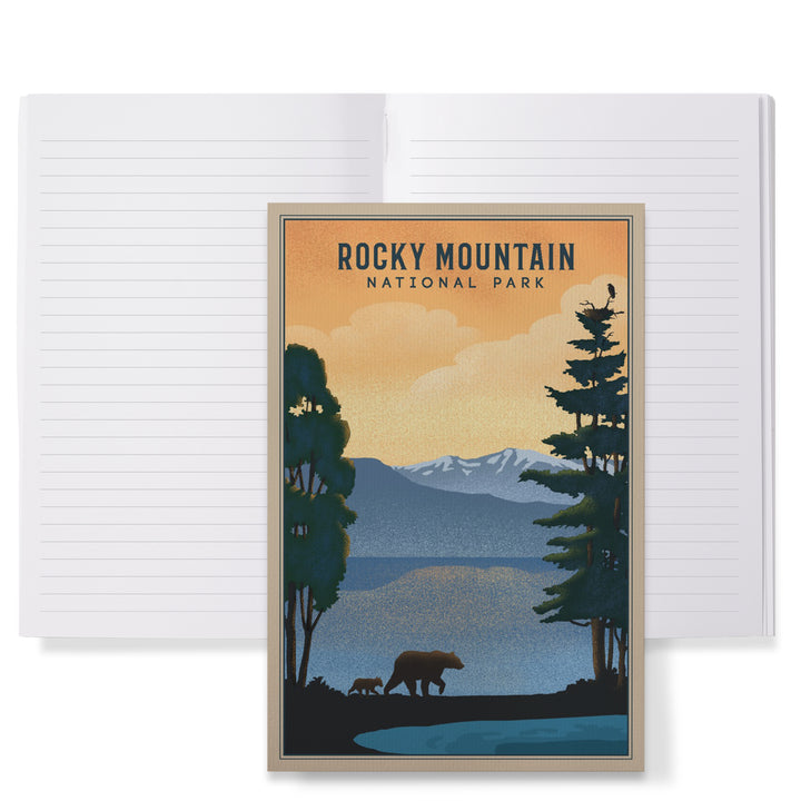 Lined 6x9 Journal, Rocky Mountain National Park, Black Bear and Lake, Lithograph, Lay Flat, 193 Pages, FSC paper