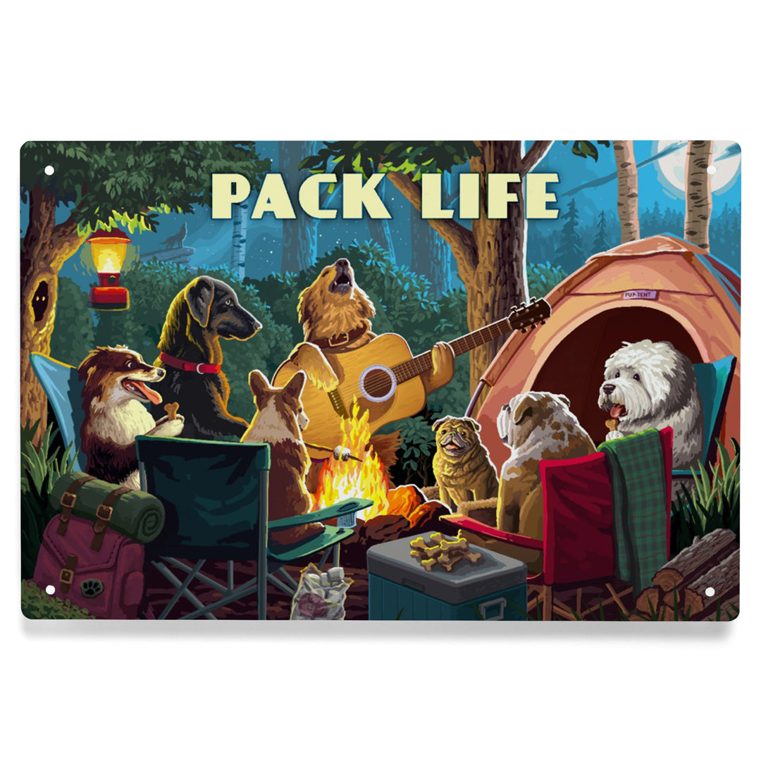 Painterly, Pack Life, Dogs Around Campfire, Sentiment, Metal Signs