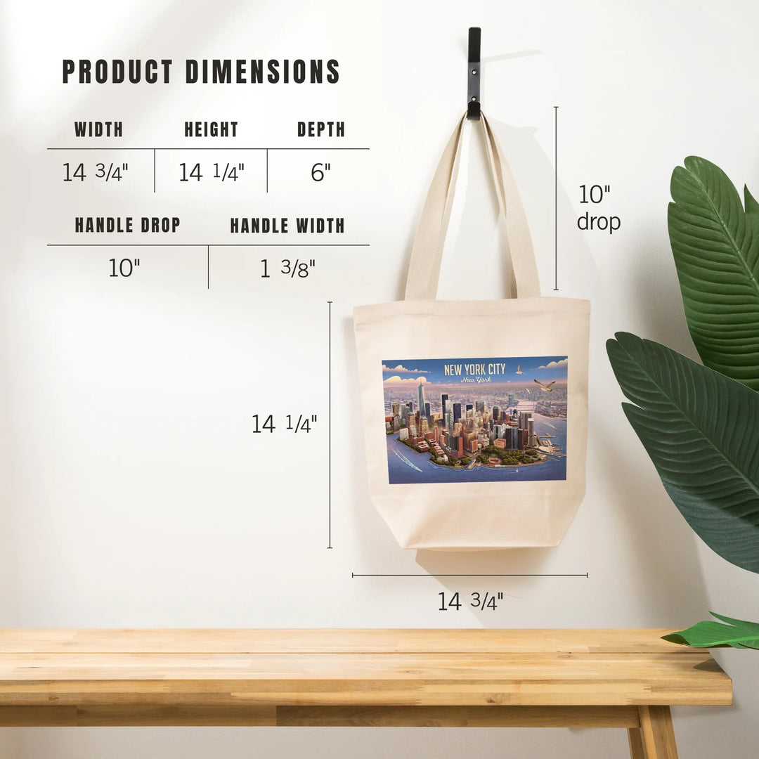 New York City, New York, Lithograph, Lower Manhattan, Tote Bag