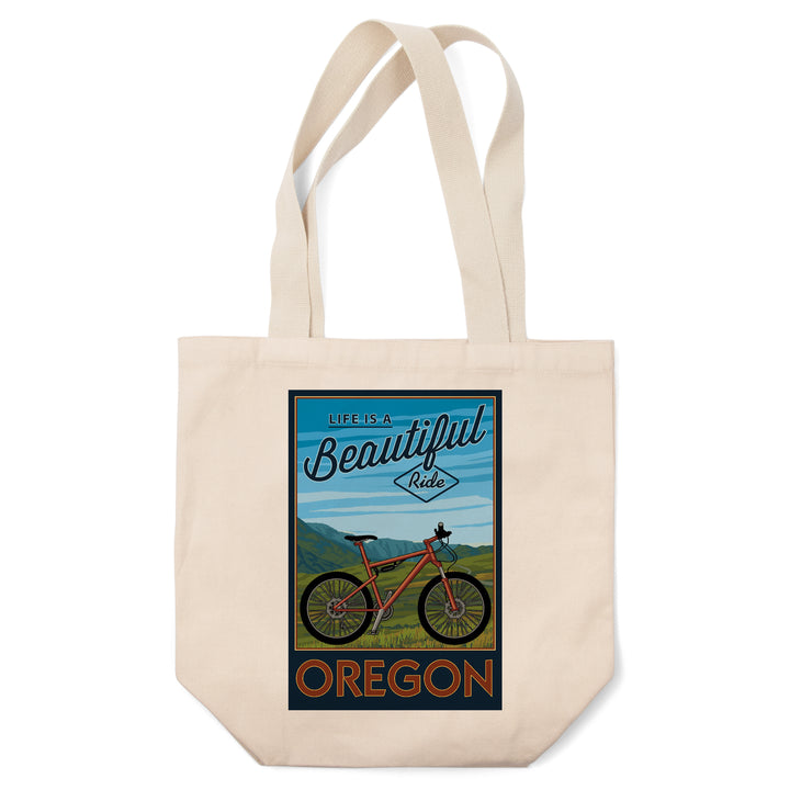 Oregon, Life is a Beautiful Ride, Mountain Bike Scene, Lantern Press Artwork, Tote Bag