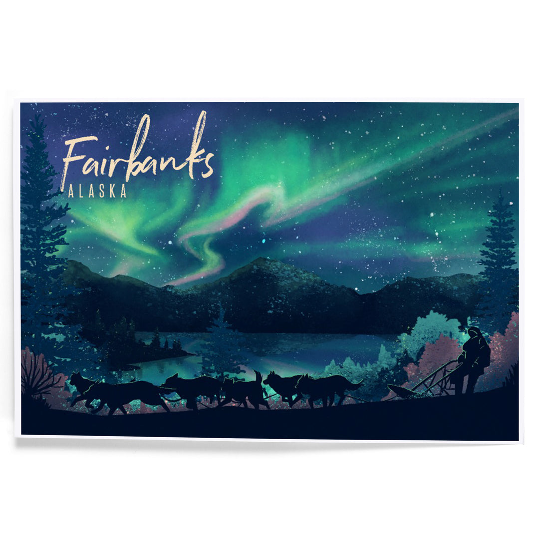 Fairbanks, Alaska, Lithograph, Northern Lights and Sled Dogs, Art & Giclee Prints