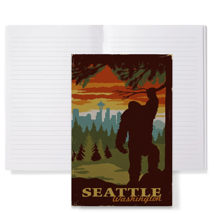 Lined 6x9 Journal, Seattle Skyline, Bigfoot, WPA Style, Lay Flat, 193 Pages, FSC paper